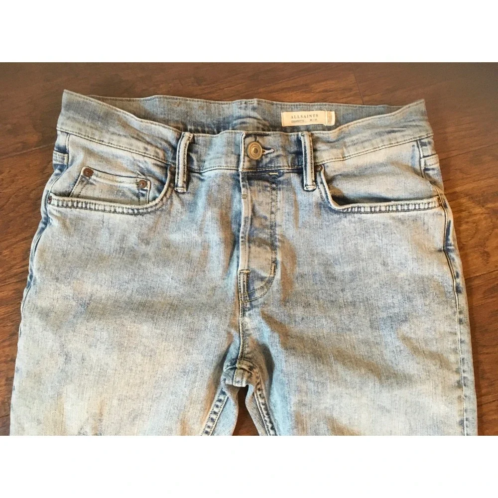 AllSaints Cigarette Slim Fit Jeans Light Wash Blue Denim Button Fly Mens 31x31